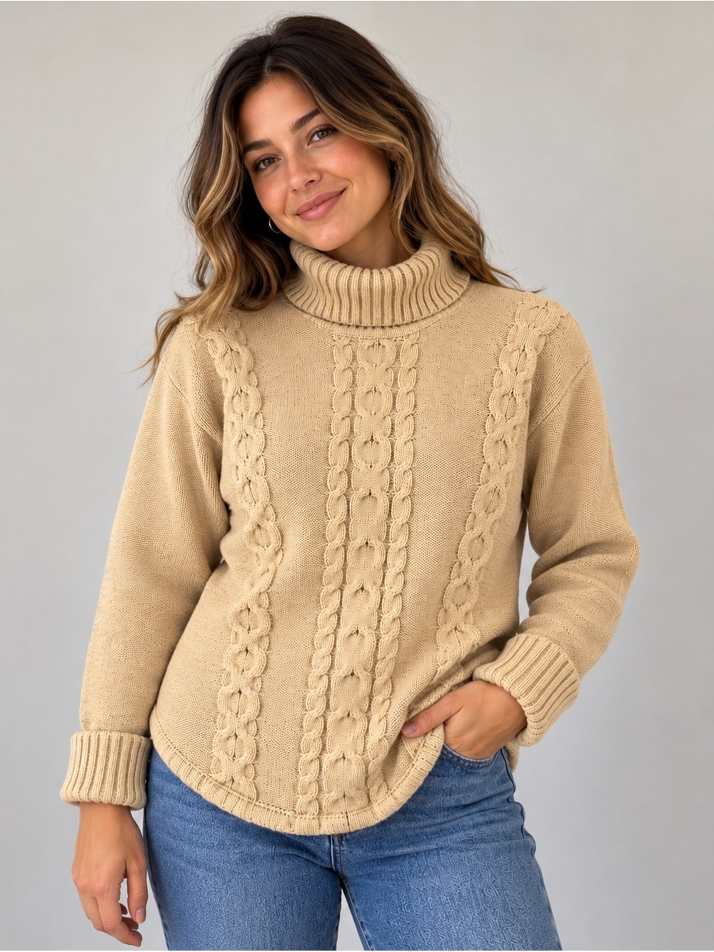 L.L.Bean Women’s Medium Petite Cable Knit Turtleneck Sweater Beige 100% Cotton